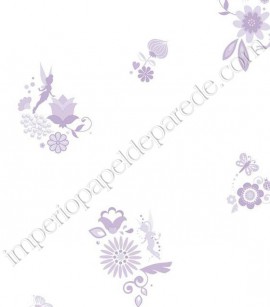 PÁG. 048 - Papel de Parede Vinílico Disney York II (Americano) - Flores e Fadas (Tons Lilás/ Branco/ Detalhes com Brilho Metálico)