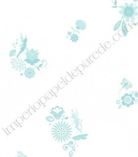 PÁG. 056 - Papel de Parede Vinílico Disney York II (Americano) - Flores e Fadas (Tons de Azul/ Branco/ Detalhes com Brilho Metálico)