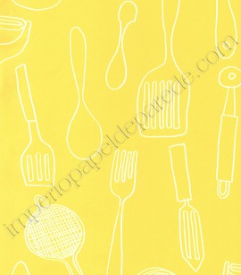 PÁG. 079 - Papel de Parede Vinílico Bistrô (Americano) - Utensílios Cozinha (Amarelo/Branco)
