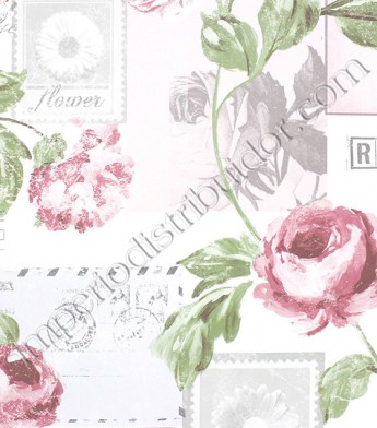 PÁG. 85 - Papel de Parede Vinílico English Florals (Inglês) - Flores e Cartas (Tons de Rosa/ Tons de Cinza)