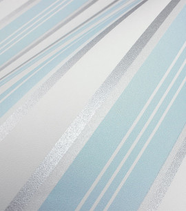 PÁG. 47 - Papel de Parede Vinílico Classic Stripes (Americano) - Listras (Tons de Azul/ Gelo/ Branco/ Detalhes com Brilho Prata)